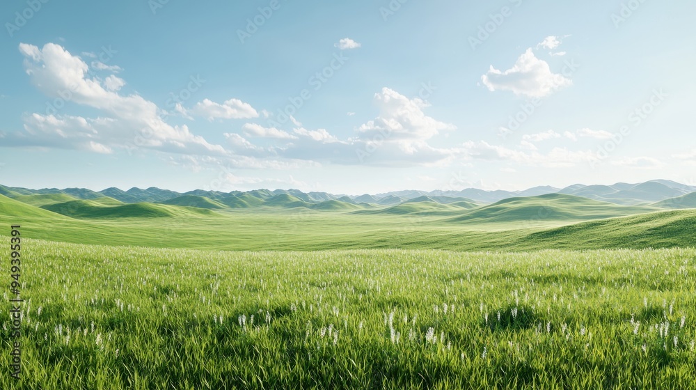Fototapeta premium Green Meadow with Rolling Hills and Blue Sky