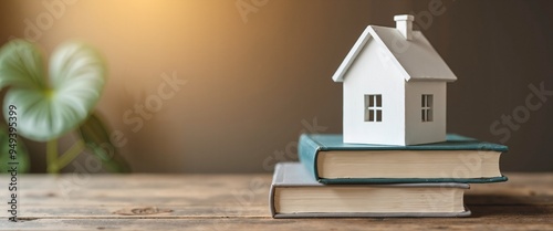 White miniature house model on books with warm lighting against wooden surface with copy space photo