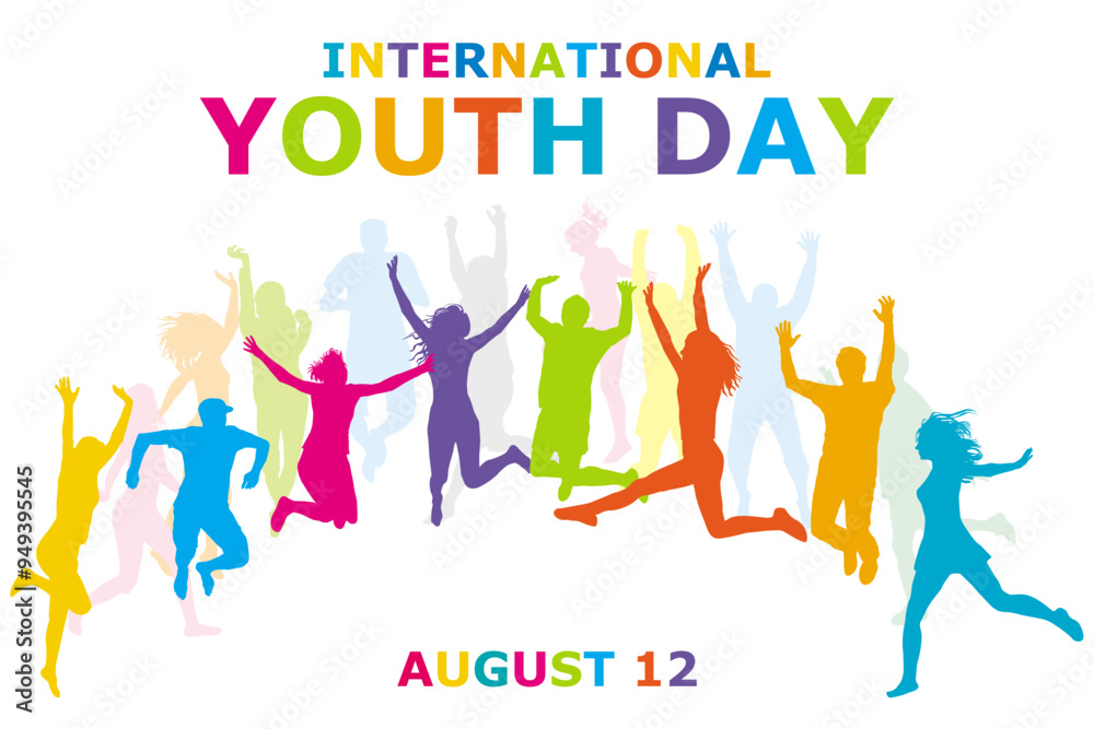 International Youth Day August 12 concept with men and women silhouettes jumping International Youth Day August 12 concept with men and women silhouettes jumping