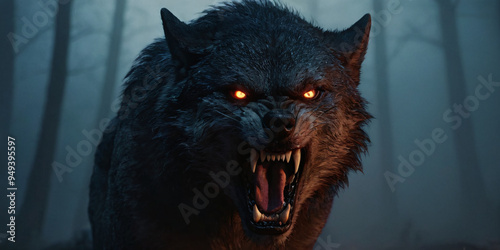 scary shadow figure of zombie warewolf snarling, from the darkness, foggy