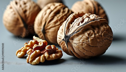 A detailed image of a walnut, showcasing its unique texture and pattern. photo