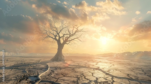 07231249 306. 3D rendering of a withered tree standing alone in a barren landscape, with cracked soil and a scorching sun in the sky, highlighting the effects of extreme heat photo