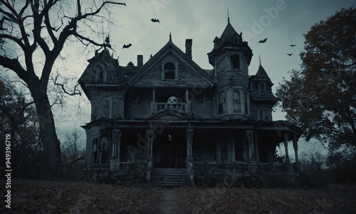 A haunted house with bats, spiders Halloween background 