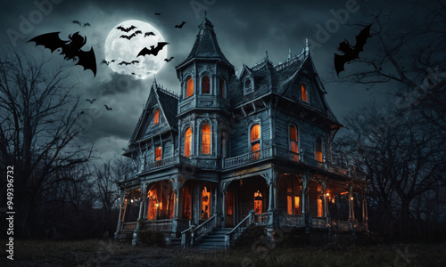 A haunted house with bats, spiders Halloween background  photo