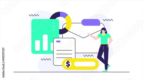 a woman showing business statistic document illustration isolated on white background animated video