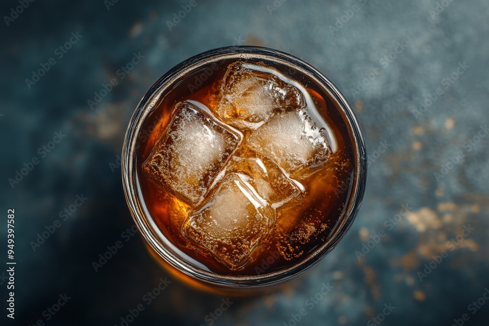 Closeup of a glass of cola with ice cubes.