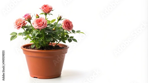 Miniature rose plant in flower pot isolated on white background, miniature rose, house plant