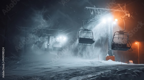 Snow cannon works on a ski slope at night, close-up, high resolution and detail. photo