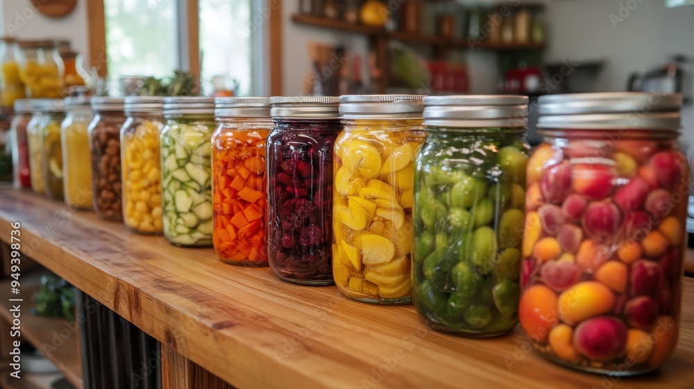 Vibrant Preserved Fruits and Vegetables in Glass Jars on Wooden Kitchen Counter Vibrant Preserved Fruits and Vegetables in Glass Jars on Wooden Kitchen Counter