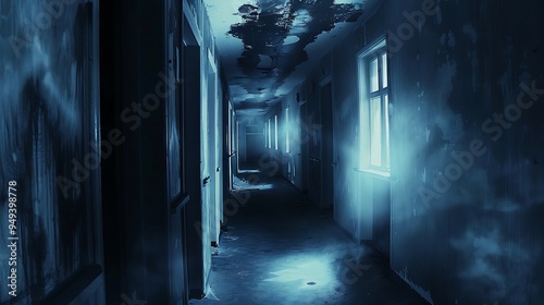 Vivid depiction of labyrinthine mindscape where dark corridor represent psychopath's manipulative tendency emotional coldness Along wall ghostly apparition of their violent urge fragmented dream