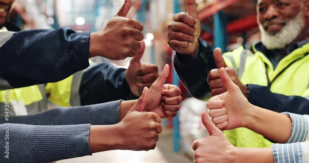 Logistics team, hands or thumbs up in warehouse for partnership or collaboration or yes gesture. Distribution, shipping agreement or people in staff group together for okay sign, thank you or support Logistics team, hands or thumbs up in warehouse for partnership or collaboration or yes gesture. Distribution, shipping agreement or people in staff group together for okay sign, thank you or support