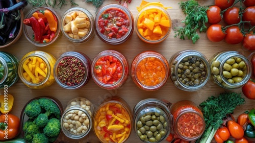 Abundant Harvest: Fresh Produce and Preserved Foods on Table for Storage