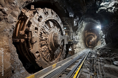 The large rotating cutter head of a tunnel boring machine is seen working through a dense, rocky underground