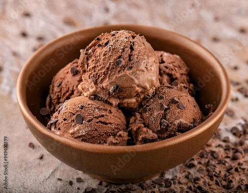 Delicious chocolate ice cream balls placed in a wooden bowl, generative ai