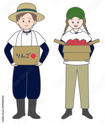 りんご農家の夫婦　段ボール　全身