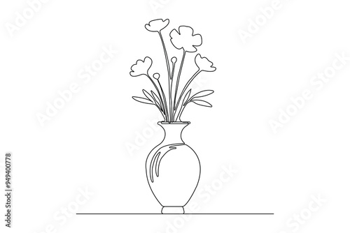 Hand-drawn flowers in vase continuous line art. Vase linear design in doodle style	