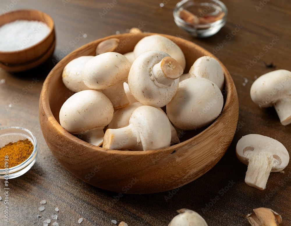 Fresh champignon mushrooms placed in a wooden bowl, generative ai Fresh champignon mushrooms placed in a wooden bowl, generative ai