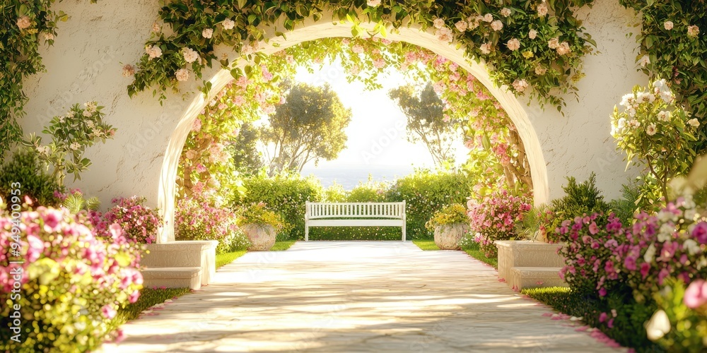 Fototapeta premium Romantic Garden Archway with White Bench and Flowers