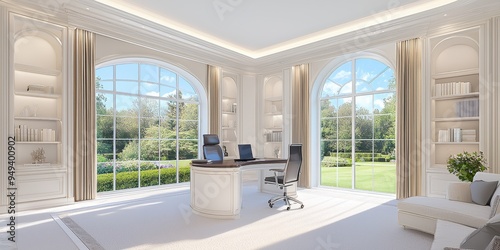 Modern Office Design with Large Windows and Garden View