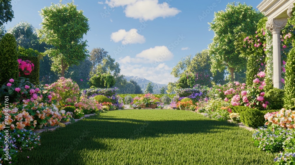 Fototapeta premium Lush Garden Path with Flowers Green Grass and Stone Pillars