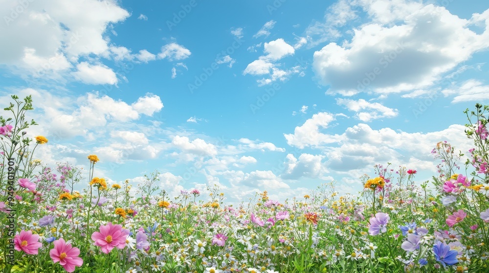 Summer Meadow Flowers with Blue Sky and Clouds Summer Meadow Flowers with Blue Sky and Clouds