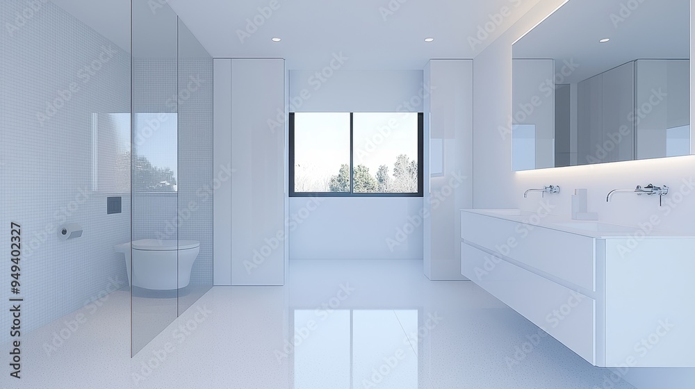 Fototapeta premium Modern White Bathroom Interior Design with Window and Shower