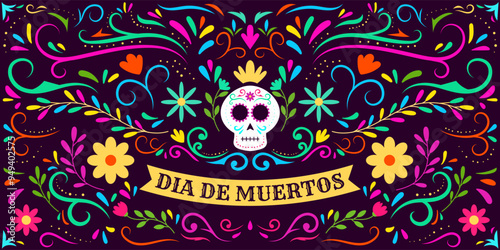 Dia de Muertos or day of the dead horizontal banner illustration