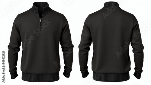 Stylish black zip-up sweater mockup showcased from front and back views photo