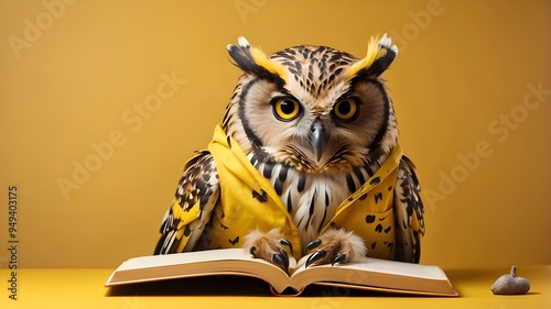 Stylish owl bird reading a book on a yellow background. Stock photograph photo