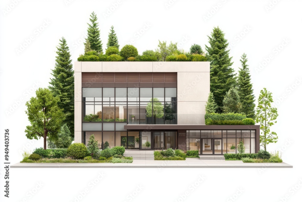 Eco-friendly building, surrounded by trees, blending seamlessly with nature, biophilic and sustainable, Watercolor styl Eco-friendly building, surrounded by trees, blending seamlessly with nature, biophilic and sustainable, Watercolor styl