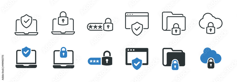 Security line and glyph solid icons collection. Minimal icon and symbol series vector illustration Security line and glyph solid icons collection. Minimal icon and symbol series vector illustration