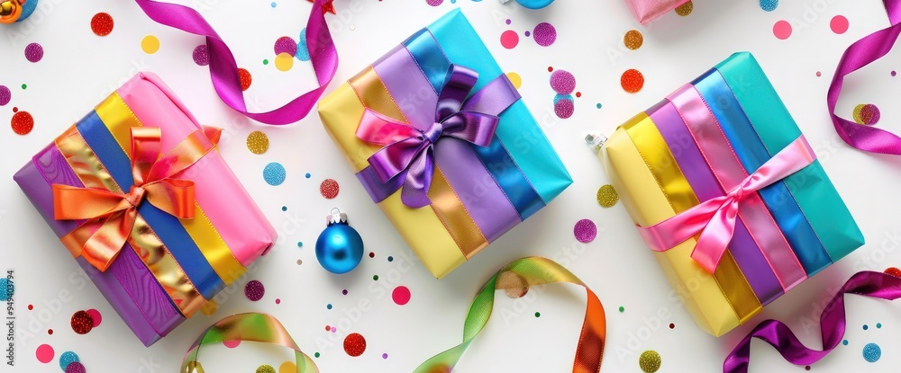 Playful rainbow-colored Christmas presents with curly ribbons on a white background. Confetti and mini ornaments. Flat lay with room for text. Playful rainbow-colored Christmas presents with curly ribbons on a white background. Confetti and mini ornaments. Flat lay with room for text.