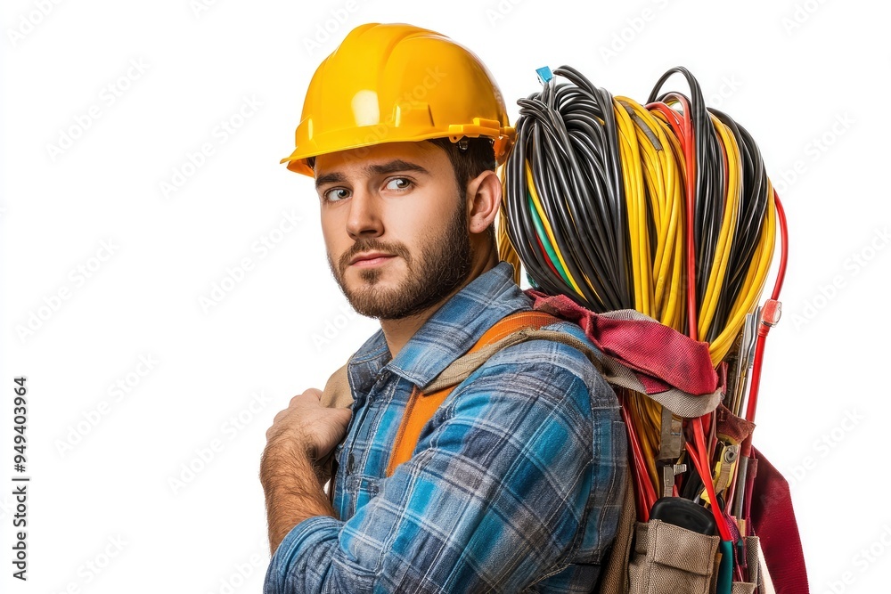 Young electrician carrying cables on shoulder isolated on white background with generative ai
