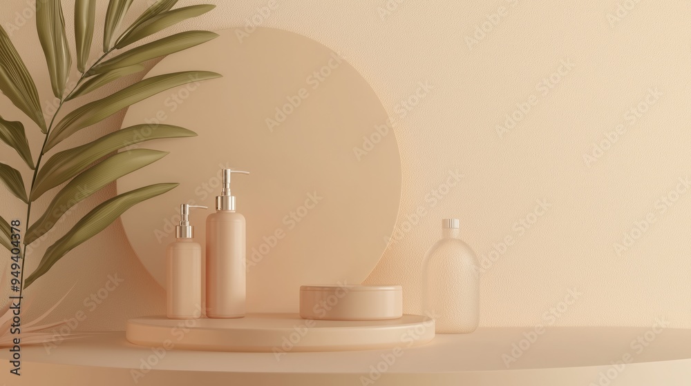 A sleek 3D podium with ample empty space, framed by kid-friendly facial cleansers and hydrating mists, set against a soft beige background, ideal for gentle skincare A sleek 3D podium with ample empty space, framed by kid-friendly facial cleansers and hydrating mists, set against a soft beige background, ideal for gentle skincare