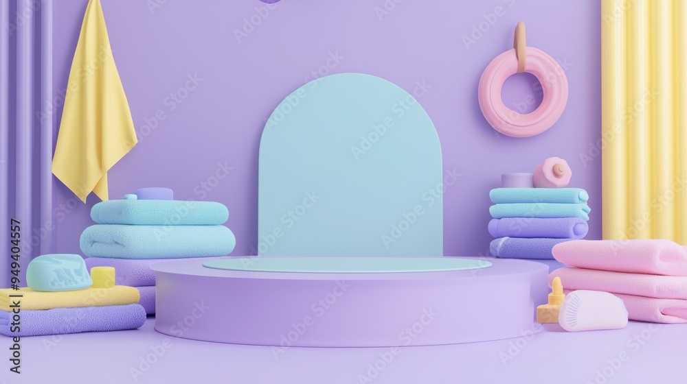 A playful 3D podium with a large empty area, surrounded by colorful kids' washcloths and towels, set against a pastel purple background, perfect for bath time accessories A playful 3D podium with a large empty area, surrounded by colorful kids' washcloths and towels, set against a pastel purple background, perfect for bath time accessories