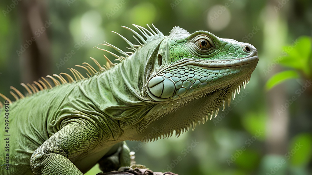 Fototapeta premium Green Iguana in jungle blurry background photo
