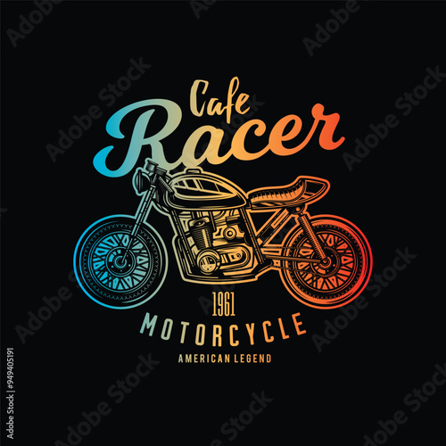 Cafe racer custom motorcycle. Original vector illustration in vintage style isolated on black background. T-shirt design.