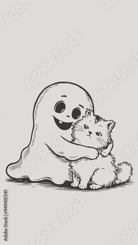 minimalist black and white drawing of a kawaii ghost tenderly embracing a fluffy cat. The ghost sporting a silly smile, wide-eyed