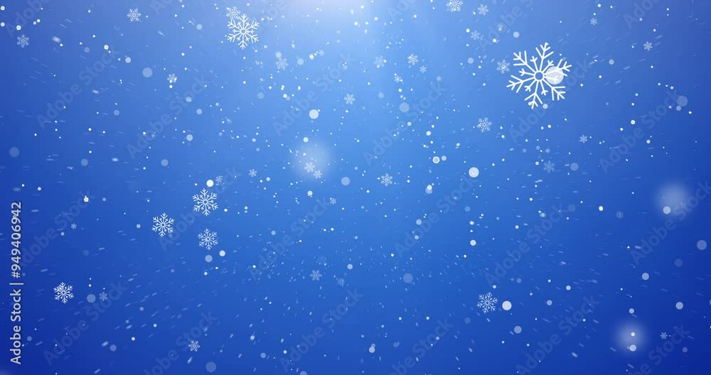 Christmas, particles and snowflakes on blue background space for digital card, creativity and festive season. Snow animation, bokeh spots and glitter on wallpaper for texture, sparkle and celebration
