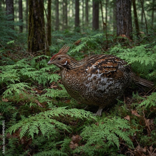 A ruffed grouse hiding in dense ferns on the forest floor photo