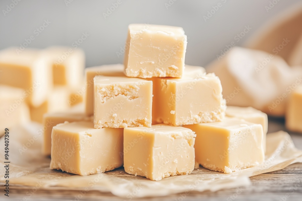 classic vanilla fudge squares stacked in a pyramid on a wooden surface, with parchment paper in the background classic vanilla fudge squares stacked in a pyramid on a wooden surface, with parchment paper in the background