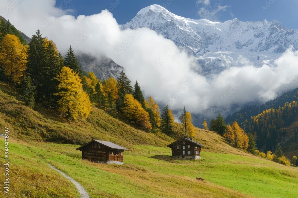 Two Wooden Cabins on a Hillside with a Snowy Mountain in the Background Two Wooden Cabins on a Hillside with a Snowy Mountain in the Background