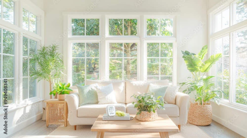 Fototapeta premium Sunlit Living Room with White Couch Green Plants and Large Windows