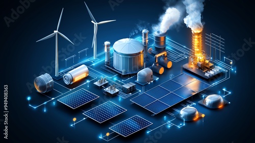 Isometric illustration of renewable and non-renewable energy sources.