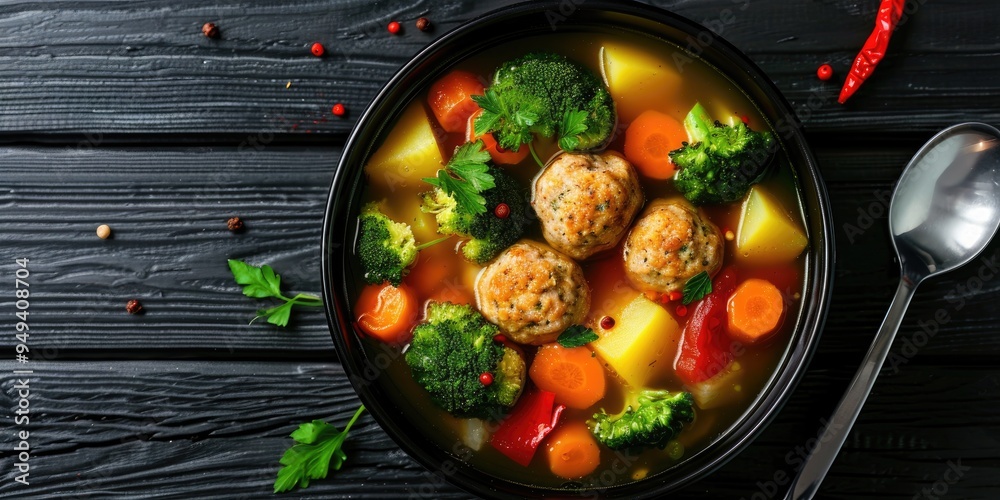 Chicken meatball soup featuring broccoli, potatoes, red pepper, and carrots served in a black bowl on a dark wooden table, captured in a vertical close-up shot with empty space. Chicken meatball soup featuring broccoli, potatoes, red pepper, and carrots served in a black bowl on a dark wooden table, captured in a vertical close-up shot with empty space.
