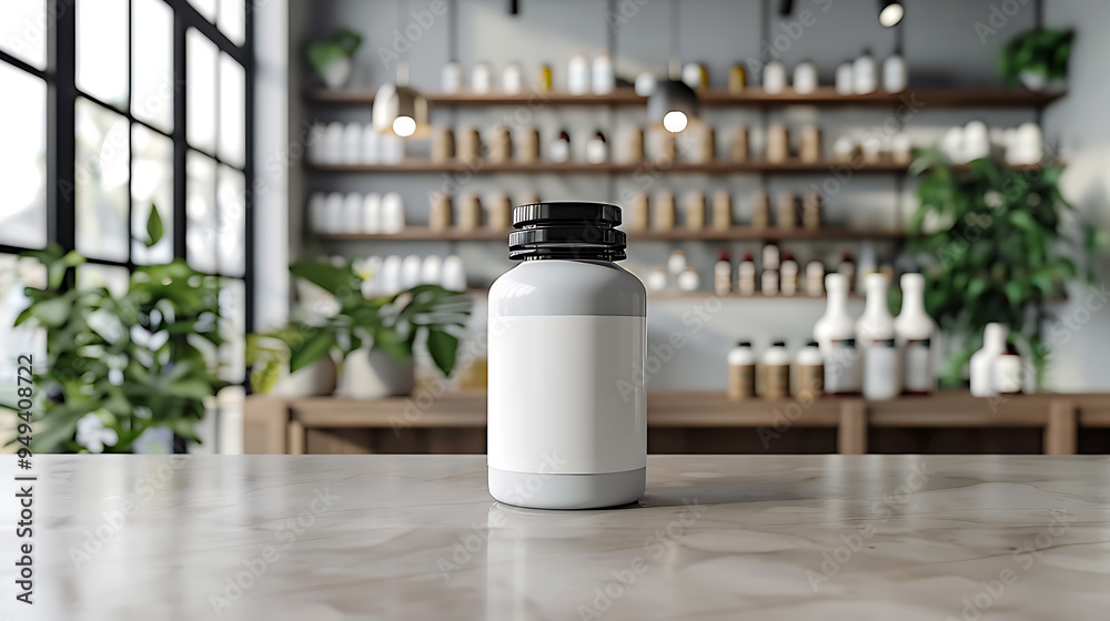 A white bottle with a black lid sits on a marble counter in front of a shelf of various bottles and jars. A white bottle with a black lid sits on a marble counter in front of a shelf of various bottles and jars.