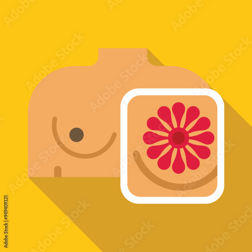 Flat design icon of a woman torso with a nipple piercing and a flower tattoo covering the breast
