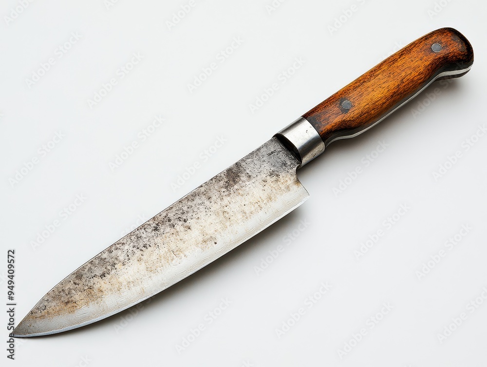 A floating chefs knife with the blade facing down 791 isolated, knife, tool, steel, white, wood, metal, sharp, old, chisel, handle, object, blade, kitchen, equipment, work, vintage, utensil, rusty,