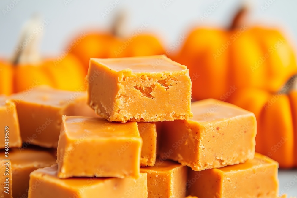 creamy pumpkin fudge squares stacked neatly, set against a backdrop of small orange pumpkins creamy pumpkin fudge squares stacked neatly, set against a backdrop of small orange pumpkins