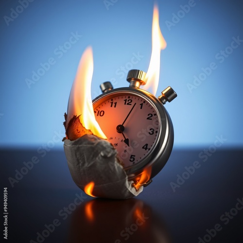 A stopwatch burns fiercely while partially wrapped in a burning cigar on a darkened table. This striking contrast of time and fire captures attention, evoking intrigue